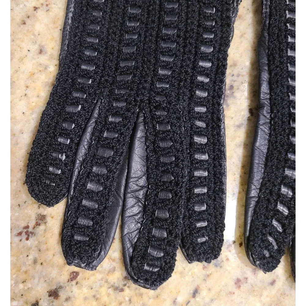 Vintage Size M 7 Black Leather And Knit Handmade Gloves Hammer Of Hollywood